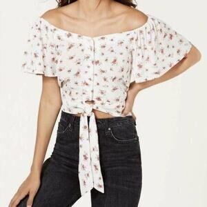 Gypsies & Moondust Floral Off the Shoulder Button Down Blouse White Junior’s XL